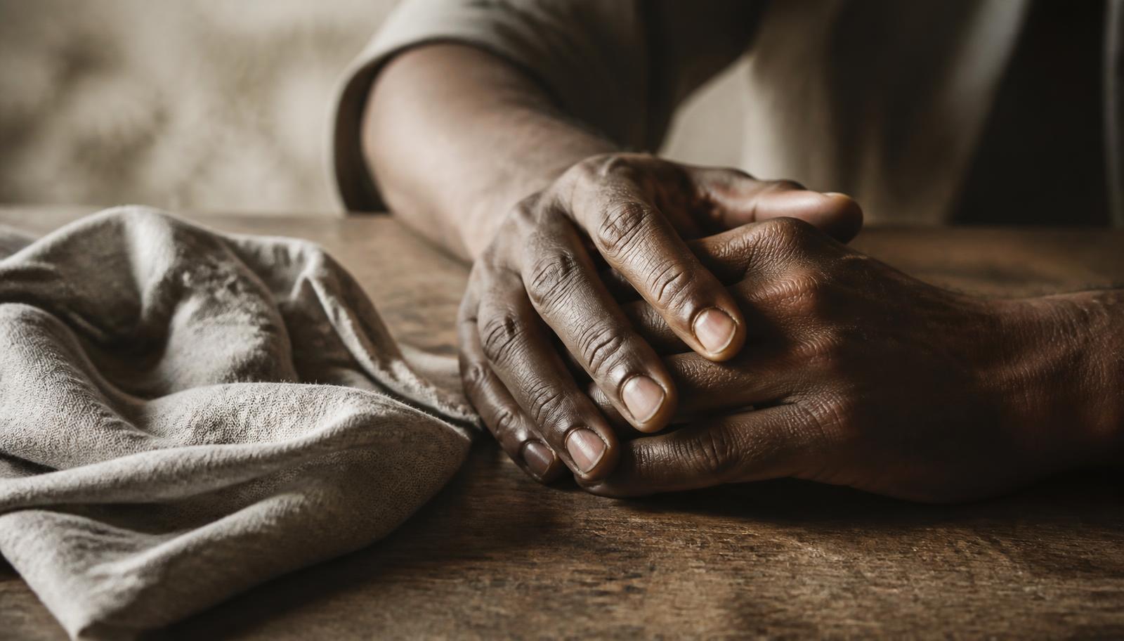 Two pairs of hands resting together on a worn wooden table beside folded linen.